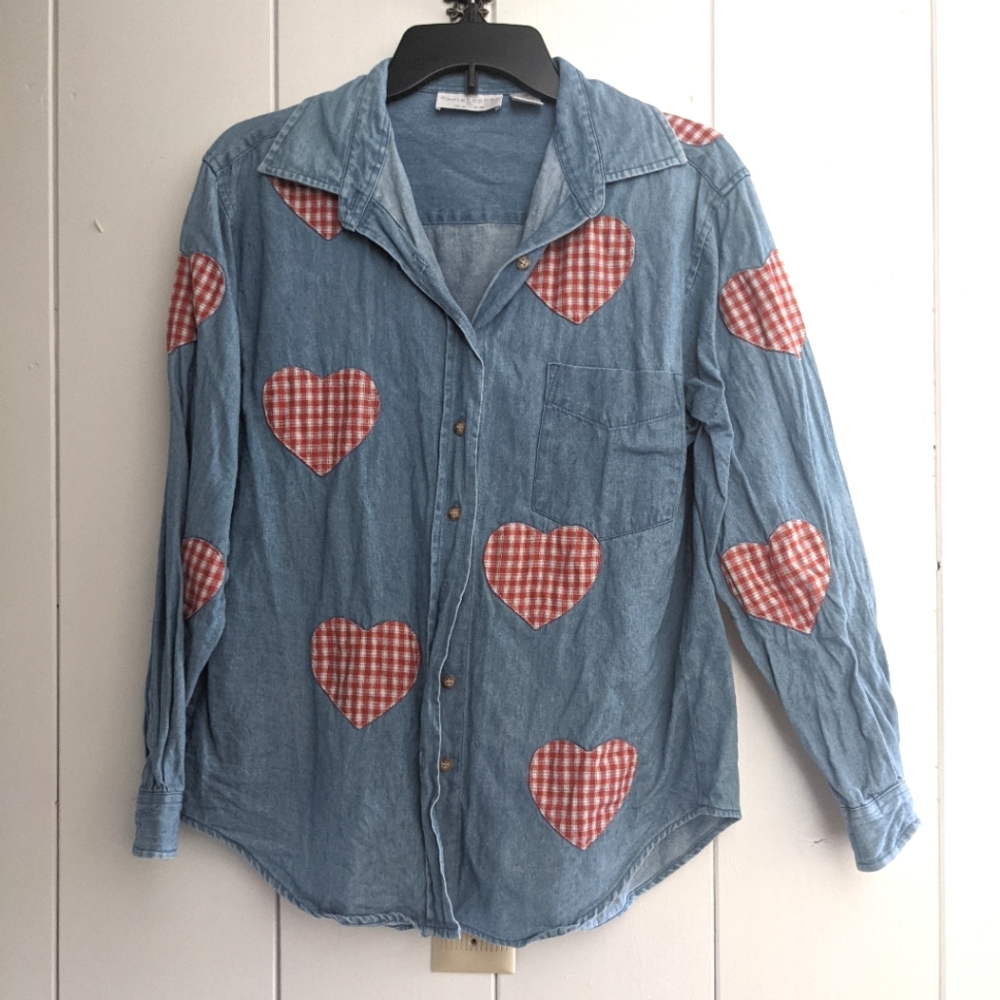 Blue denim plaid heart button down shirt